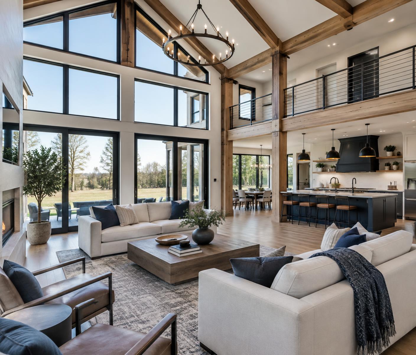 Bright modern barndominium interior with timber beams